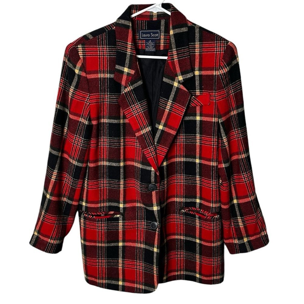 Laura Scott Women's Red Plaid Academia Vintage Wool Blazer size 8